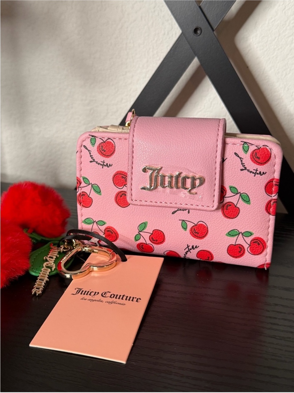 JUICY COUTURE Pink Cherry
Print Wallet with Red Pom
Pom Charm NWT